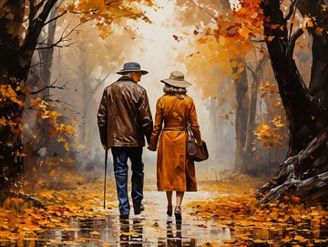 Peinture acrylique Vieux couple se promenant dans le parc en automne sur Animaflora PicsStock