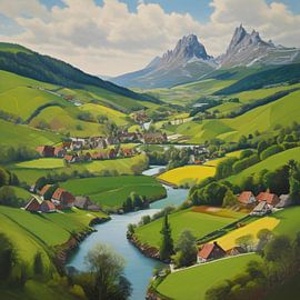 Several small settlements and villages in a green valley with mountains in the background by Jens Sprengel