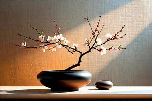 Japandisches Stillleben: Blühende Kirschblüte auf Vase