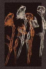 Flowers in burnt orange and cream on brown linen look. by Dina Dankers