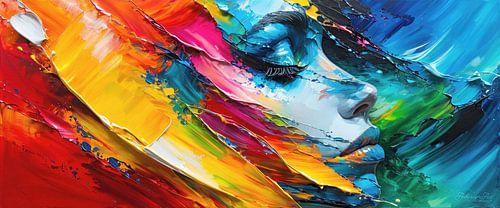 In de zee van kleuren van hoop - Het hoofd van een vrouw, abstract omhoog groeiend vanuit een lichtgevende diepte, haar blik hoopvol opgeheven naar het licht