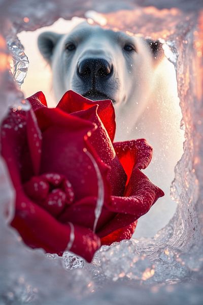 Polar bear looks into an ice hole and discovers a red rose by Liona Toussaint