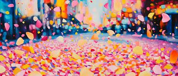 Bloemblaadjes vallen in een stadsstraat