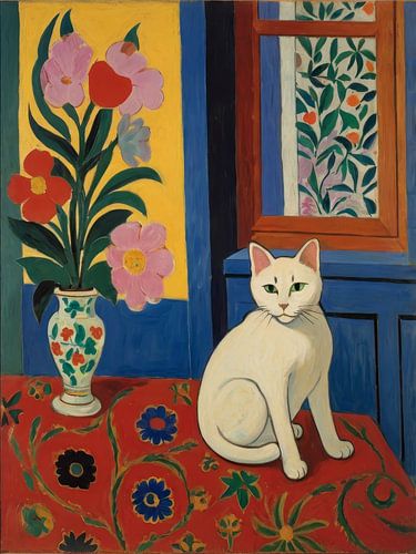 White Cat In A Vase Style Henri Matisse