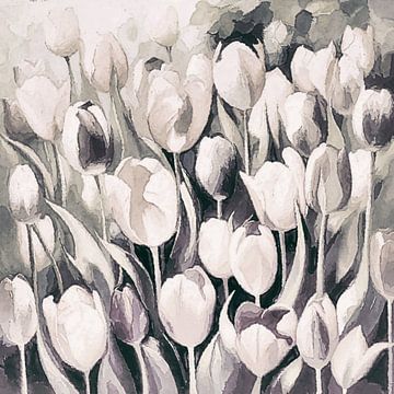 Champ de tulipes aux couleurs neutres sur Anna Marie de Klerk
