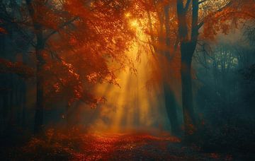 Mystieke zonsopgang in het herfstbos van fernlichtsicht
