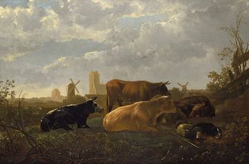 Eine Fernansicht von Dordrecht mit einem schlafenden Hirten und fünf Kühen ("Das kleine Dort&qu