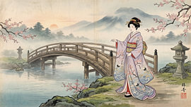 Elegante Geisha unter der Kirschblütenbrücke von my pixel art