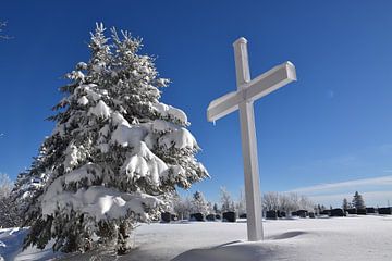 Het kruis op de dorpsbegraafplaats in de winter van Claude Laprise
