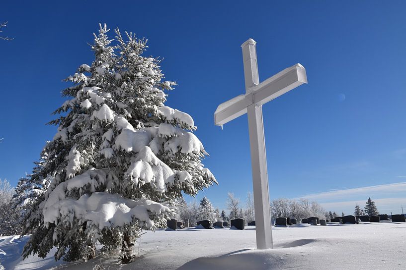 The cross in the village cemetery in winter by Claude Laprise
