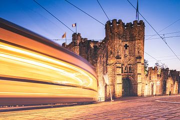 Passing cable car at the Castle of the Counts in Ghent. by Daan Duvillier