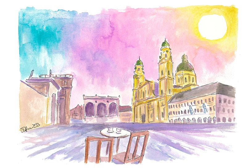 Münchner Odeonsplatz Kaffee und Regenbogensonnenuntergang von Markus Bleichner