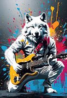White wolf playing guitar, graffiti