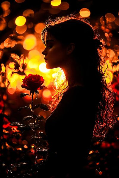 Frau mit Rose bei Sonnenuntergang von Art & Soul Creations