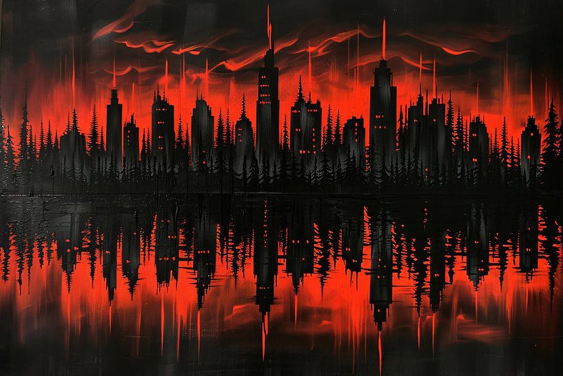 Red-black city silhouette at sunset by Art & Soul Creations