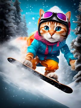 Katze beim Outdoorsport - Snowboard fahren  von Melanie Viola