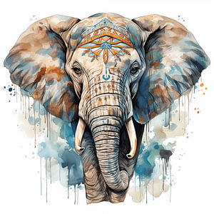 Porträt eines indischen Elefanten, Aquarell-Kunstdesign und buntes Kopftuch
