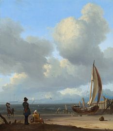 Eine Seelandschaft mit Figuren an einem Boot am Ufer, Ludolf Bakhuusen