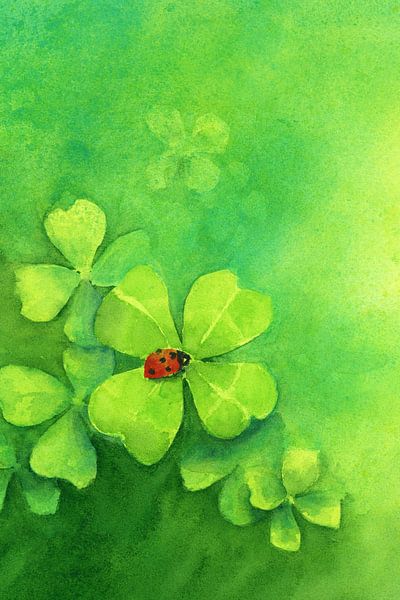 Marienkäfer auf Kleeblatt Aquarellgemälde von Karen Kaspar