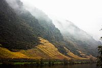 Mountain peaks in the fog on the Mosel river