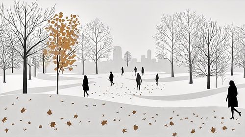 Vredig stadspark in de herfstsneeuw
