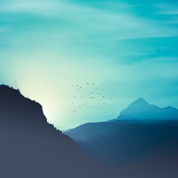 Zonnedansers - Een zwerm vogels en de Alpen in het licht van de opkomende zon van Dirk Wüstenhagen