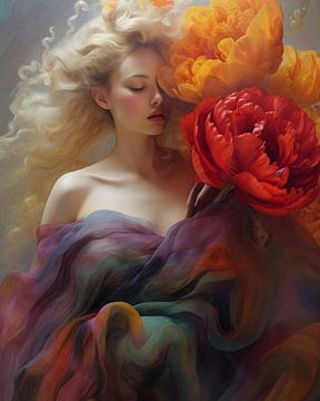 Particularly modern and colourful portrait with peonies by Carla Van Iersel