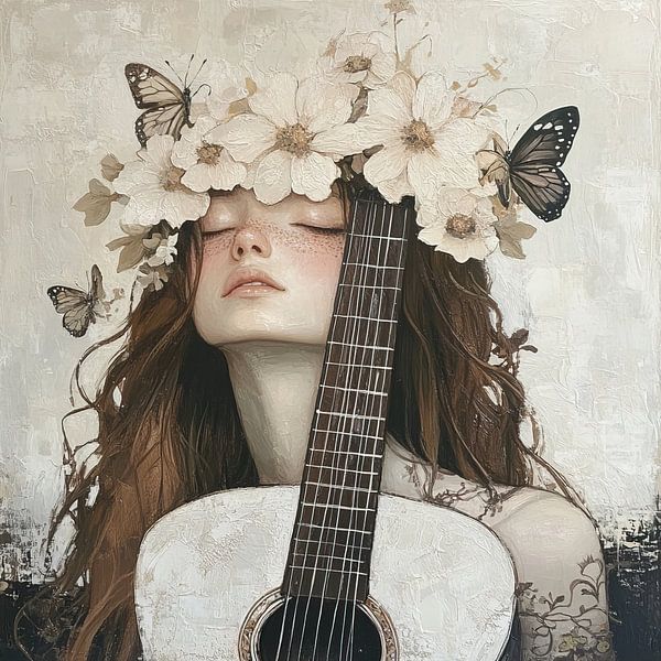 Blumen Frieden | Gelassene Frau mit Gitarre und Blumen von Blickfänger Gemälde