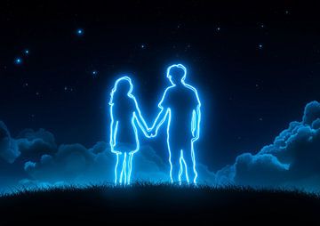 Neon Couple Holding Hands Under Starry Sky by BINEDITS