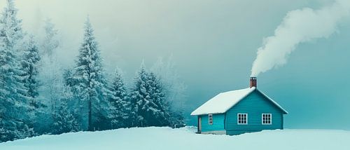 Besneeuwd huisje in een winterlandschap