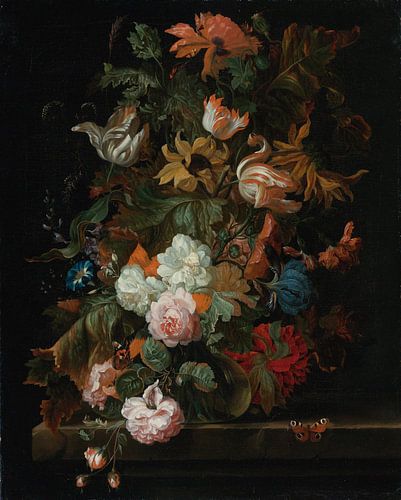 Ernst Stuven, Stilleven met bloemen in glazen vaas met vlinder