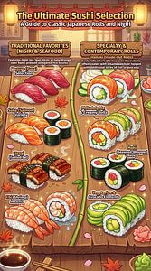 Eine detaillierte Anleitung, die verschiedene Arten von Sushi-Rollen zeigt, darunter 