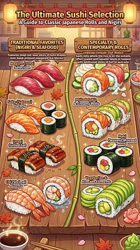 A detailed guide showing various types of sushi rolls including  by Ariadna de Raadt-Goldberg