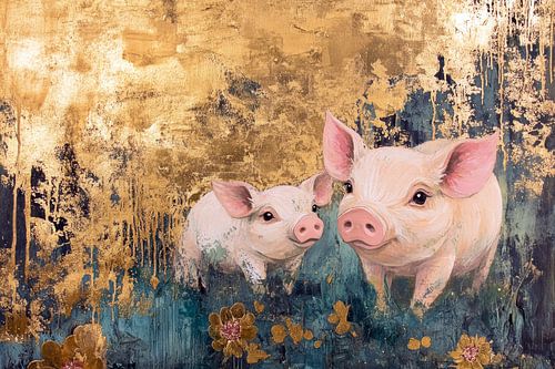 Schattige biggetjes met gouden achtergrond wanddecoratie