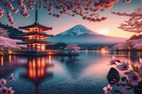 Idylle am See mit Pagode und Fuji im Hintergrund