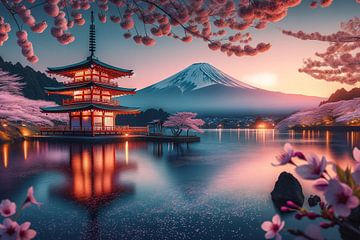 Idylle aan het meer met pagode en Fuji op de achtergrond van artefacti