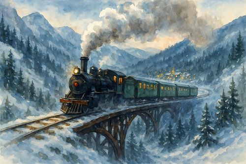 Steam train through snowy mountains (AI) (winter, nostalgia, train ride, holidays, Christmas trees)