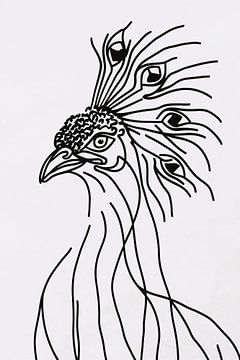 Abstract Peacock Line Drawing in Black and White by De Muurdecoratie