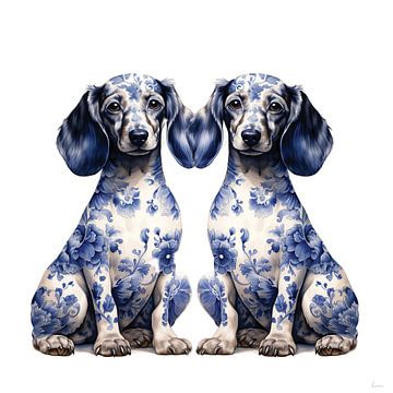 Twee zittende teckels in Delfts Blauw van Lauri Creates