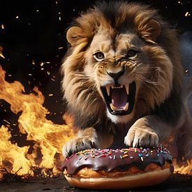 The Roaring Glutton: A Male Lion Tames Fire for a Chocolate Donut by Retrotimes