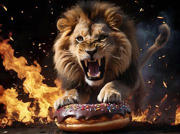 The Roaring Glutton: A Male Lion Tames Fire for a Chocolate Donut by Retrotimes