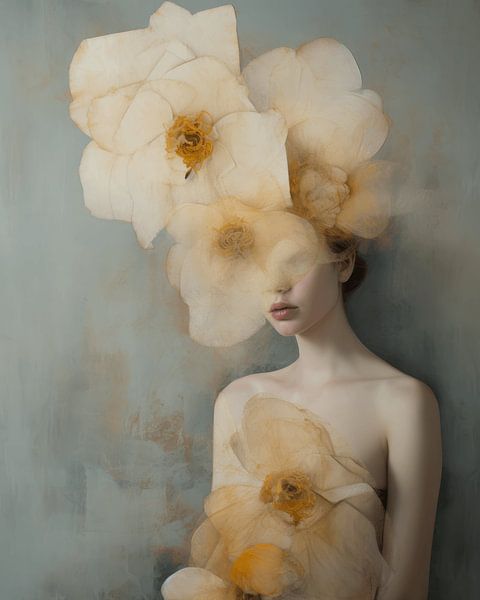 Portrait romantique avec des fleurs dans des tons doux par Carla Van Iersel
