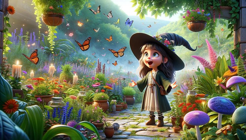 Young witch child discovers the enchanted garden by artefacti