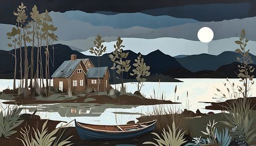 a house on an island, night - collage