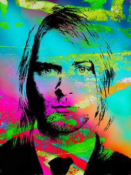 Kurt Cobain Abstraktes Porträt in Rosa, Blau, Grün, Orange, Schwarz von Art By Dominic