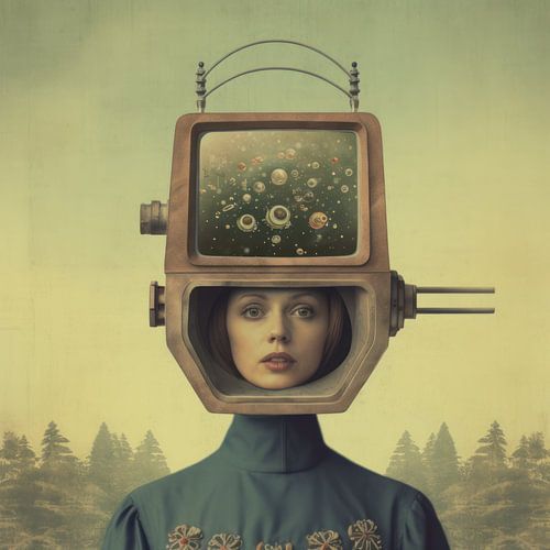 Vintage retro stijl illustratie met een vrouw in een bizarre setting