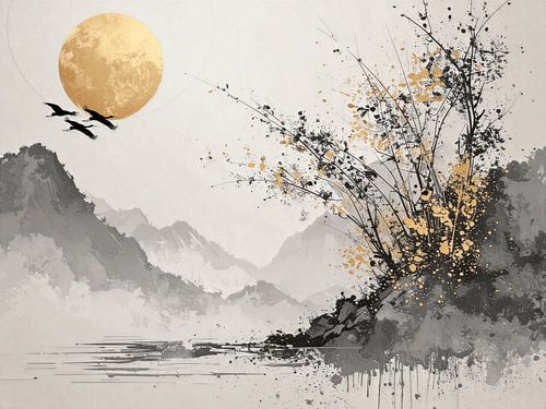 Goldener Mond über einer ruhigen Berglandschaft mit Kranichen und goldenem Mond