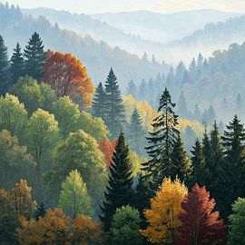 Herfst's omarming: Een mistige ochtend in de Appalachen van Artistic