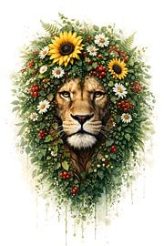 Löwenkopf mit Sonnenblumenkrone – Blumen- und Tierkunst für Naturliebhaber von Faheem Beigh