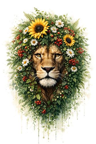 Löwenkopf mit Sonnenblumenkrone – Blumen- und Tierkunst für Naturliebhaber